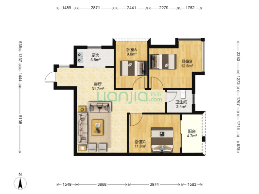 丽海明珠 3室1厅1卫 87平方