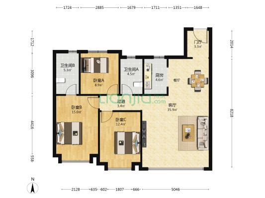 龙翔·奥城珑樾府 3室1厅2卫 122平方