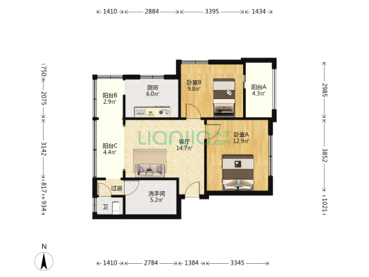 建设宿舍 2室1厅2卫 75平方