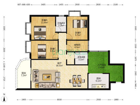 碧水阳光 3室1厅2卫 120平方