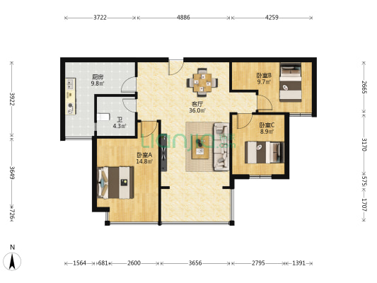 恒大山水城 3室1厅1卫 113平方
