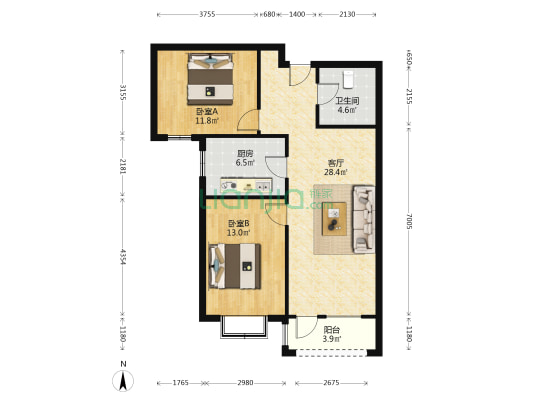 香邑溪谷上园 全阳两居 好楼层 毛坯随意装-户型图