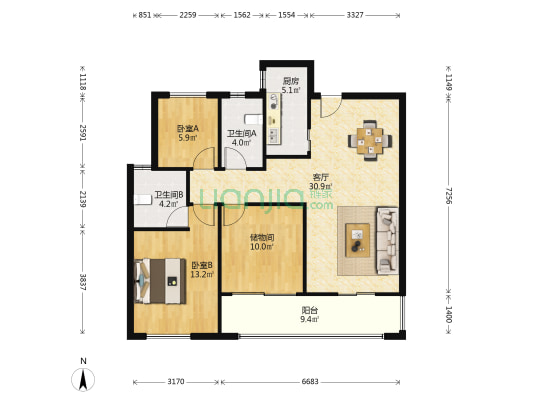 龙湖璟宸原著香颂  2室1厅2卫 104平方