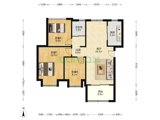文一名门云河湾西区 3室1厅1卫 95平方