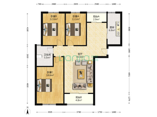 东方润景 3室1厅1卫 113平方