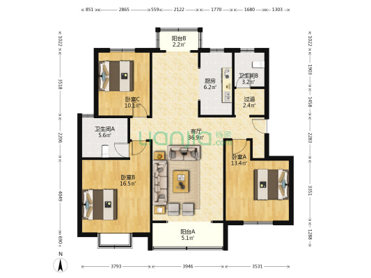 沉香苑二街坊 3室1厅2卫 122平方