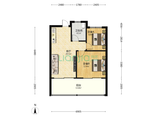 德璟海长安 2室1厅1卫 68平方