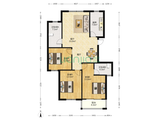 金山水城B区 3室1厅2卫 120平方