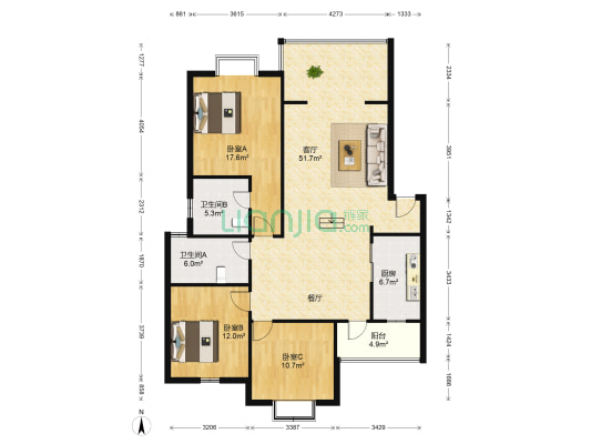城南星座 3室1厅2卫 135平方