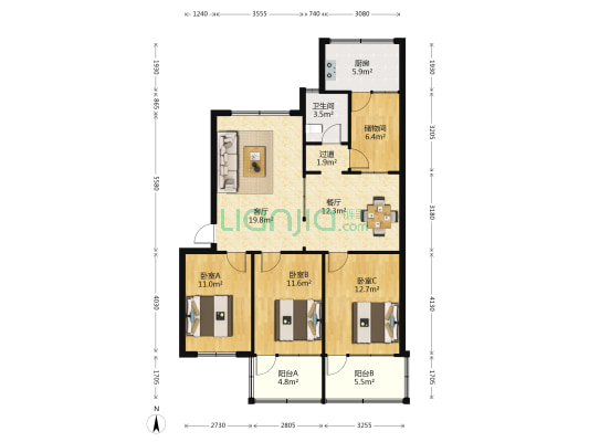 富华路436号 3室2厅1卫 105平方