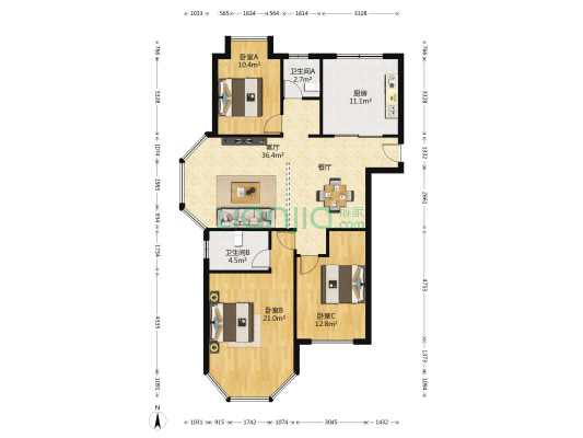 中南世纪花城二期 3室1厅2卫 133平方
