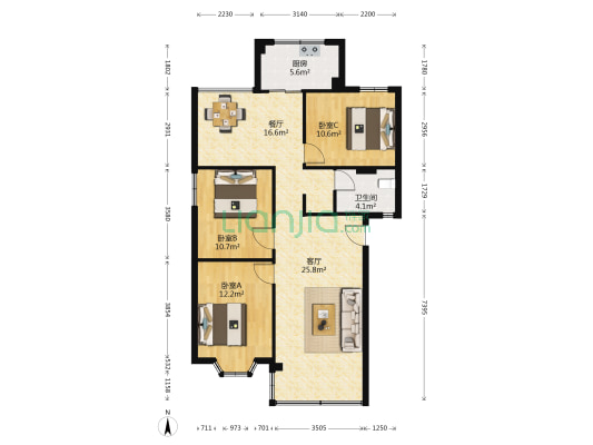 金鼎家园 3室2厅1卫 106平方