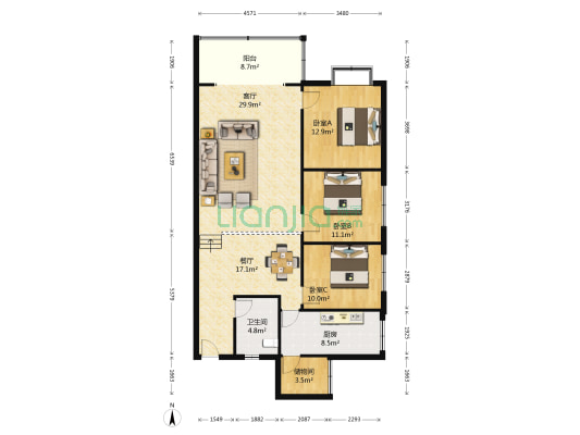 东升苑 3室2厅1卫 126平方