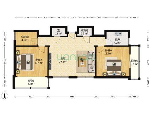 中国联合网络通信公司家属院 2室1厅2卫 98平方