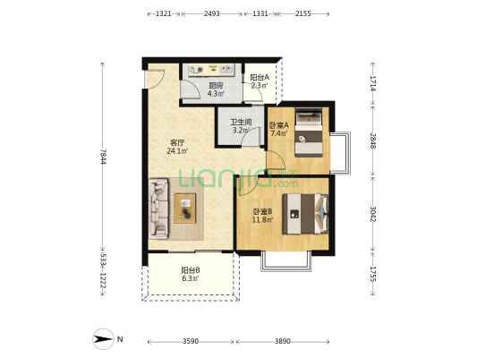 恋城公寓 2室1厅1卫 73平方