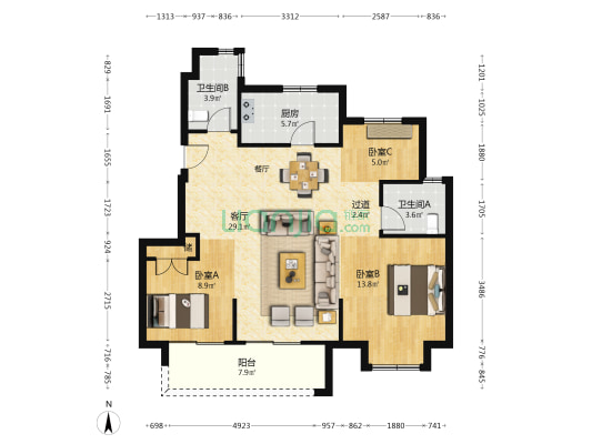 慈水心境里 3室1厅2卫 100平方
