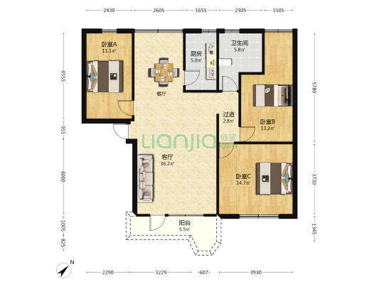 华建楼 3室1厅1卫 109平方