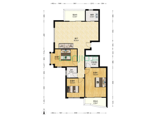 安堡锦园 3室1厅2卫 134平方