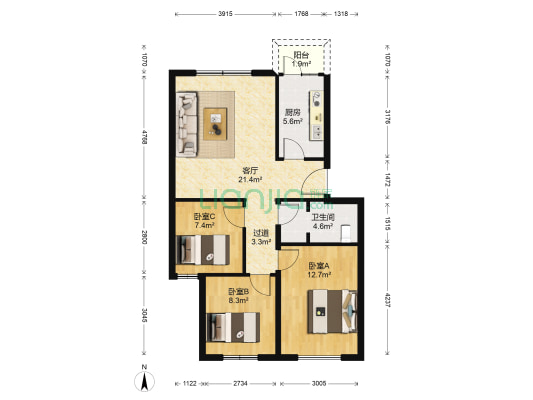 站北东街3号 3室1厅1卫 85平方