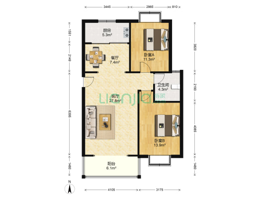 东湖星城南区 2室2厅1卫 96平方