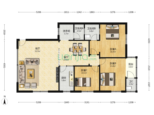 陆丰里 3室2厅4卫 194平方