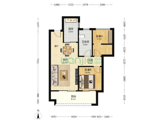 香榭庄园 2室1厅1卫 76平方
