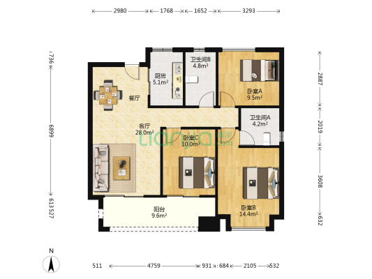 龙湖春江郦城 3室1厅2卫 112平方