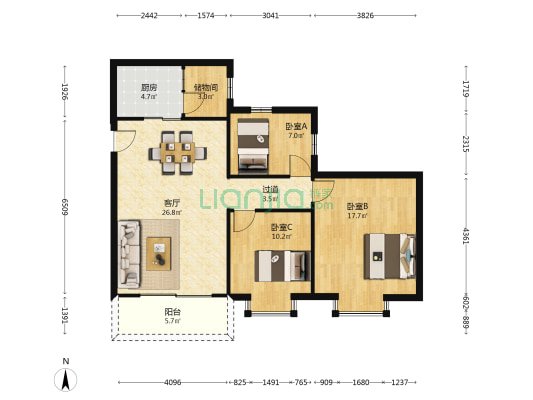 河南岸民兴花苑 3室1厅0卫 90平方