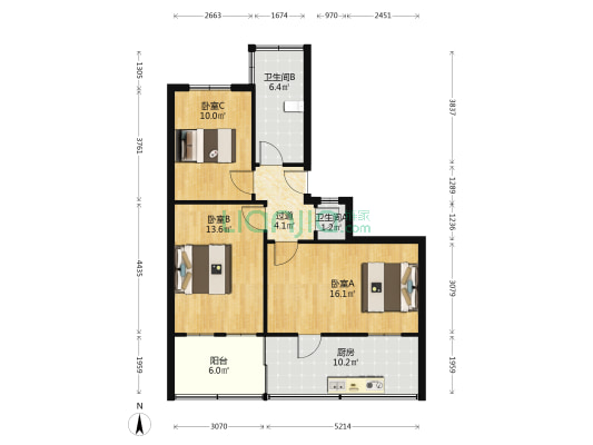 四里村140号 3室0厅2卫 64平方