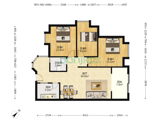 蓝湖社区 3室1厅1卫 94平方