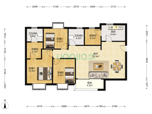 红山大厦 3室1厅2卫 126平方