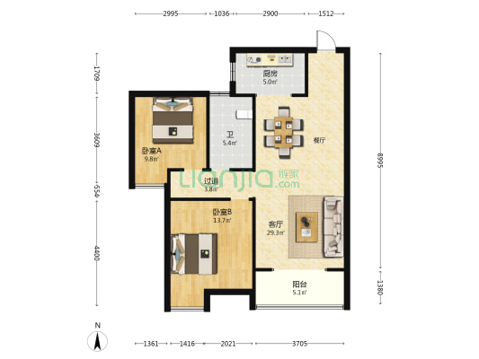 锦湖宝丽嘉园 2室1厅1卫 98平方