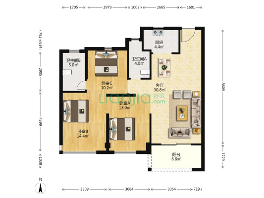 新鸿月映园金誉府 3室1厅2卫 113平方