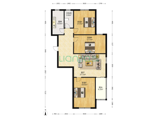文明绿城小区 3室1厅1卫 136平方