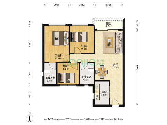 乐平碧桂园 3室1厅2卫 90平方
