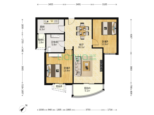 英伦世家 2室1厅1卫 90平方