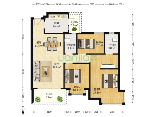 城市花园莲兴阁 3室2厅2卫 114平方