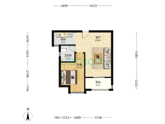 亚通水岸景苑 1室1厅1卫 53平方