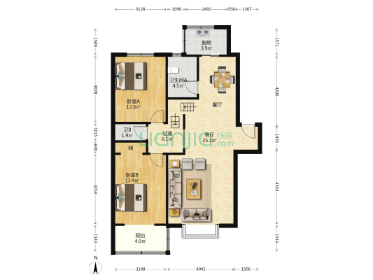 朝晖北里 2室1厅2卫 104平方