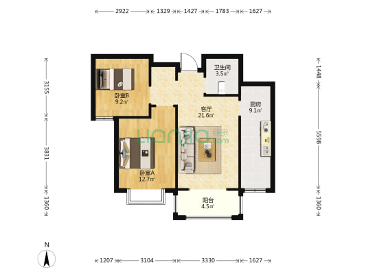 滨江城尚城 2室1厅1卫 86平方