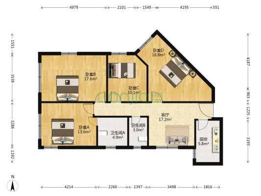 爱和大厦 4室1厅2卫 121平方