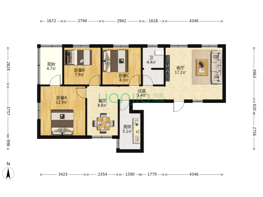 盐业公司家属楼 3室2厅1卫 96平方