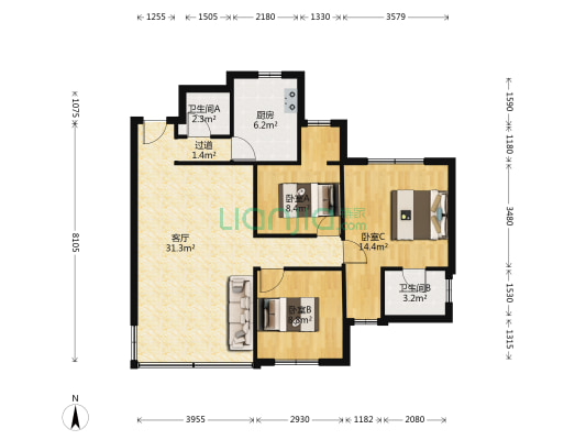 狮城公寓 3室1厅2卫 106平方