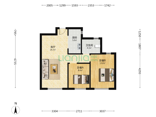 融创宸光壹号 2室1厅1卫 88平方