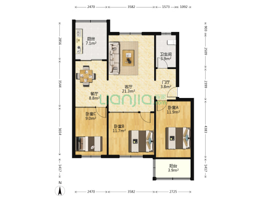 世纪公寓 3室2厅1卫 102平方
