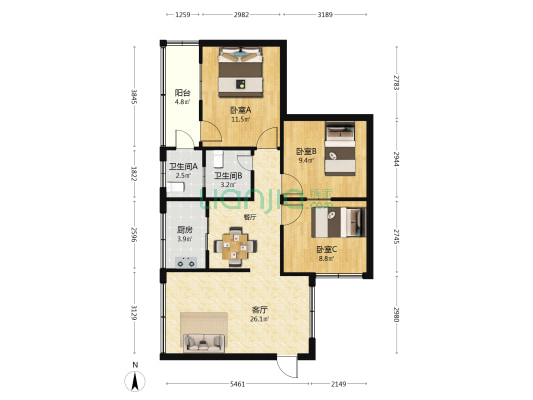屏西公寓 3室1厅2卫 88平方
