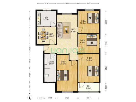 文教局楼 4室2厅1卫 136平方