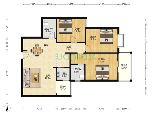 陕钢115街坊南院 3室1厅2卫 125平方