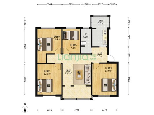 云南省中医院宿舍 4室1厅1卫 84平方
