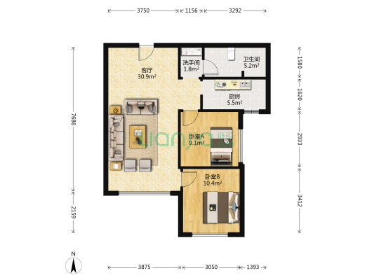 爱达88 2室1厅2卫 107平方